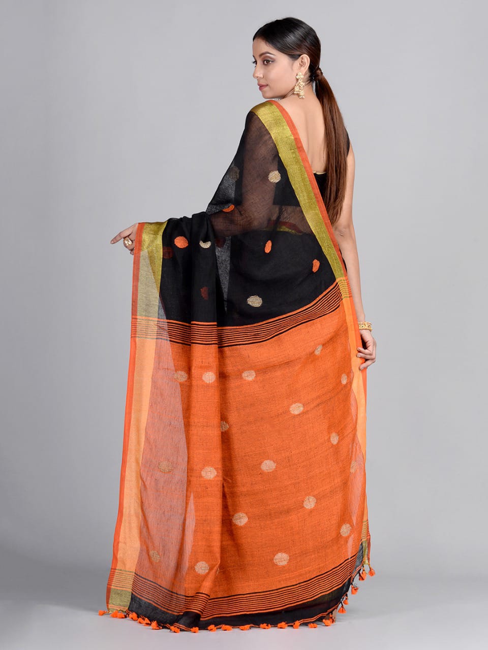 Orange Black Ball Pure Linen Sarees - Dailybuyys