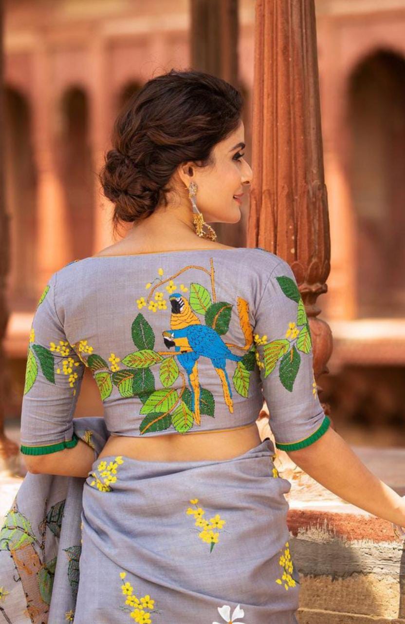 ash color beautiful embroidery design blouse - Dailybuyys