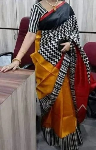 Orange Pure Block Printed Silk Mark Certified Murshidabad Silk Sarees - Dailybuyys