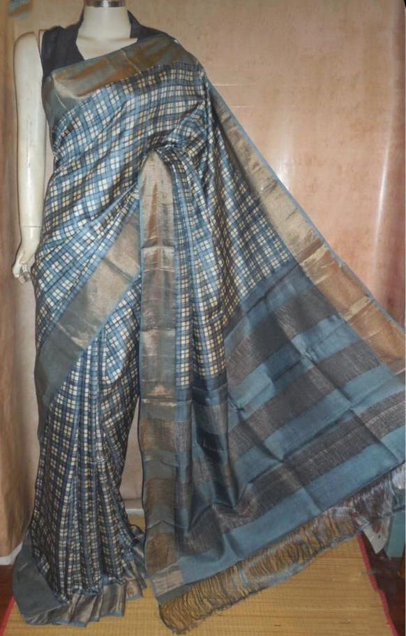 Grey Block Printed Zari Border Pure Silk Mark Certified Tussar Silk Sarees - Dailybuyys