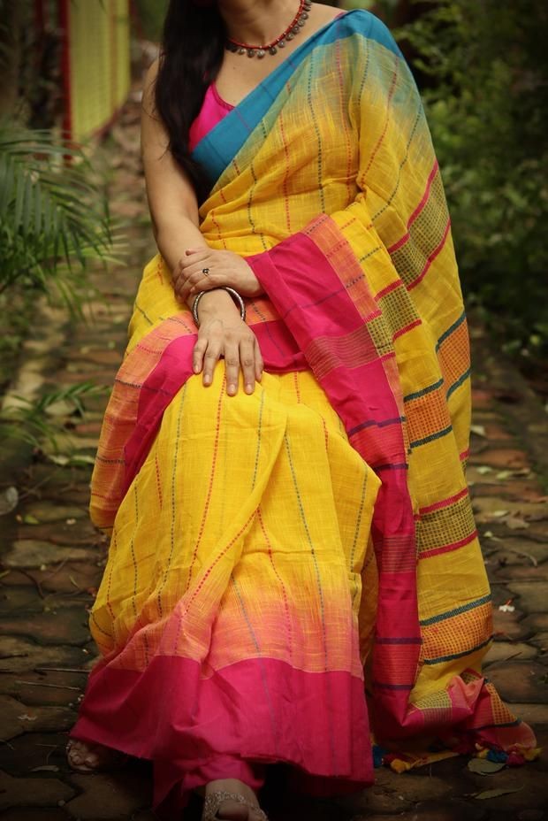 Yellow Pure Khadi Cotton Sarees - Dailybuyys