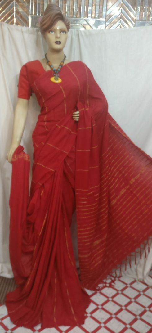 Red Pure Cotton Khesh Sarees - Dailybuyys