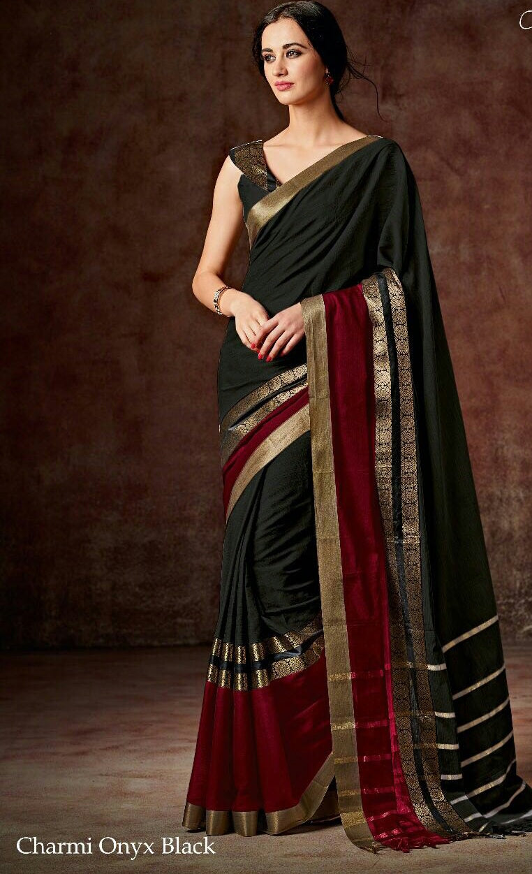 Black & Maroon Raw Silk Sarees - Dailybuyys
