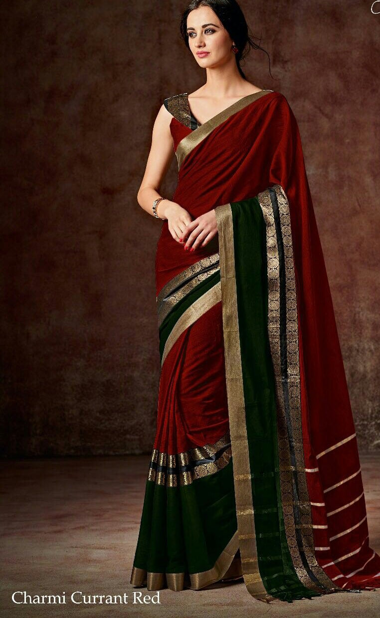 Red & Green Raw Silk Sarees - Dailybuyys