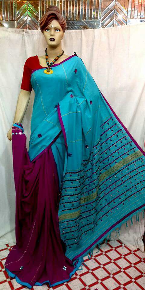 Blue Violet Mirror Work Khesh Sarees - Dailybuyys