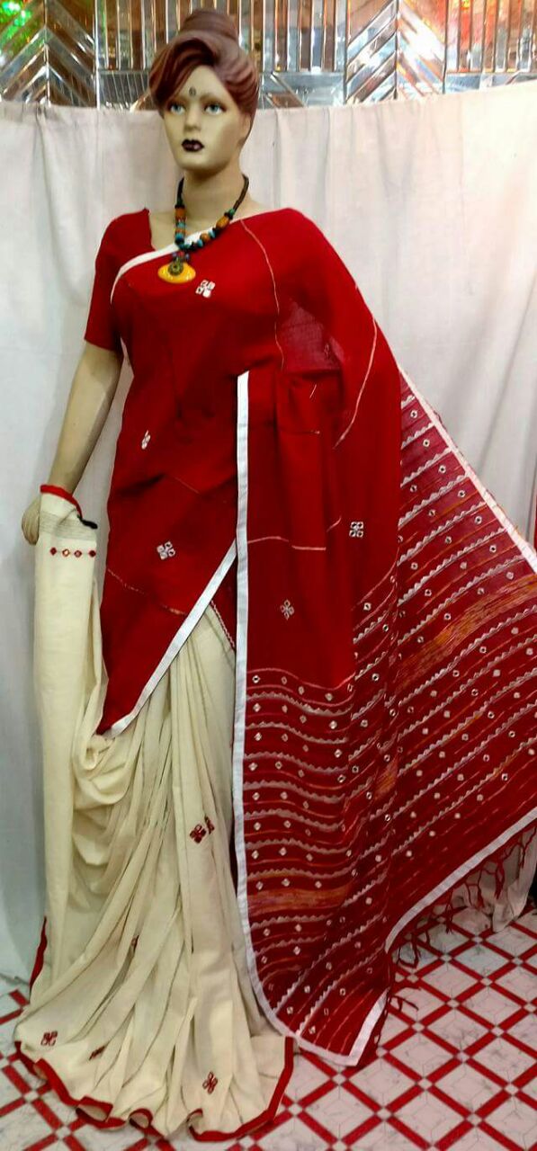 Red White Mirror Work Khesh Sarees - Dailybuyys