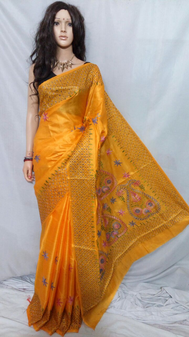 Yellow katha stitch Bhagalpuri Silk Sarees - Dailybuyys