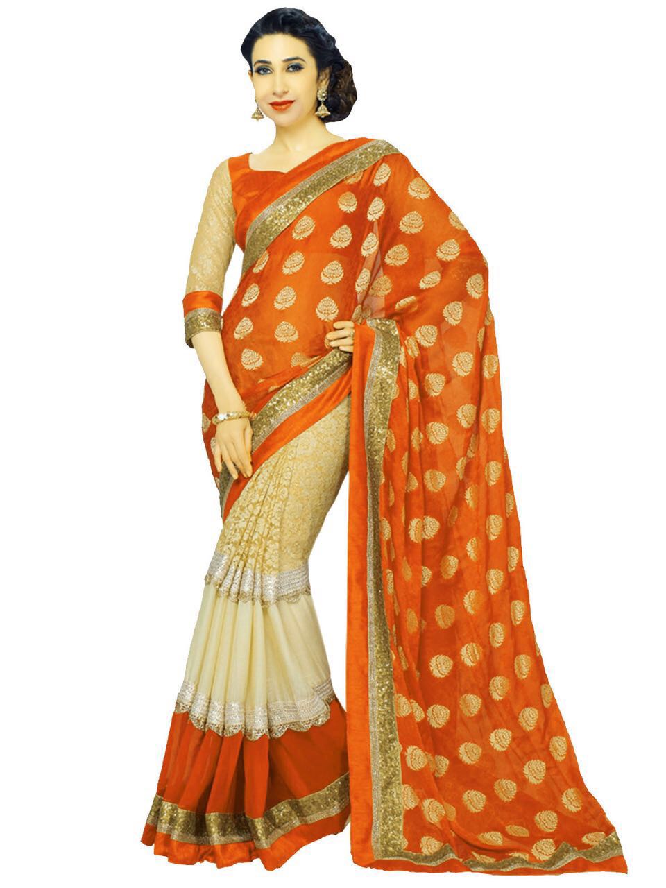 Orange Rassel Georgette Sarees - Dailybuyys
