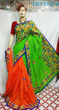 Green Orange Kachhi Work Kathiawari Sarees