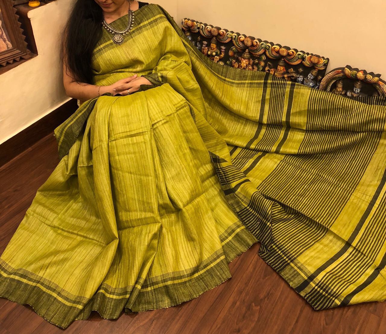 Lemon Green Pure Silk Mark Certified Tussar Ghicha Silk Sarees - Dailybuyys
