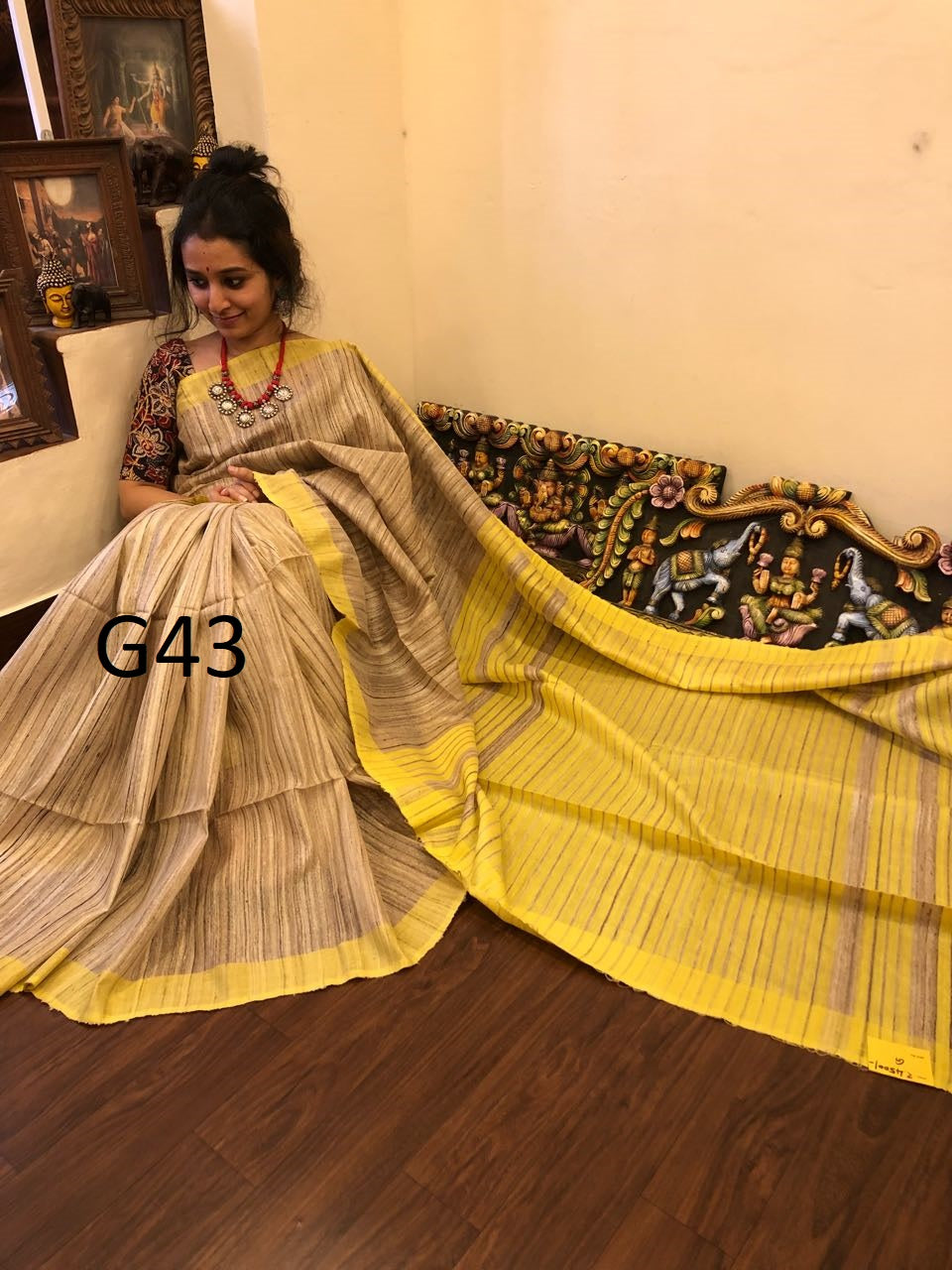 Beige Yellow Pure Silk Mark Certified Tussar Ghicha Silk Sarees - Dailybuyys
