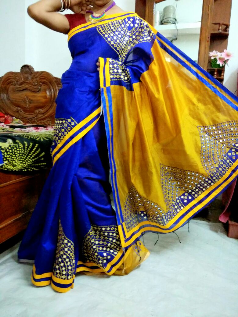 Blue Yellow Mirror Work Handloom Sarees - Dailybuyys