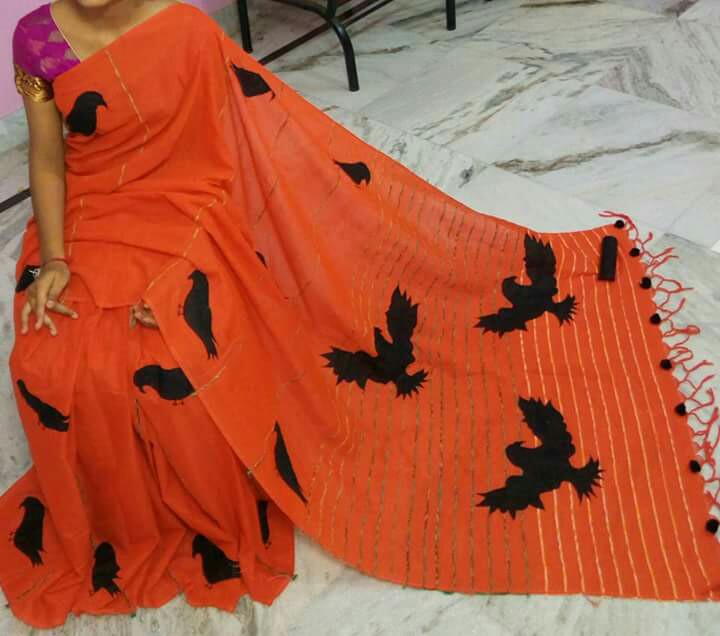 Orange Applique Khesh Sarees - Dailybuyys