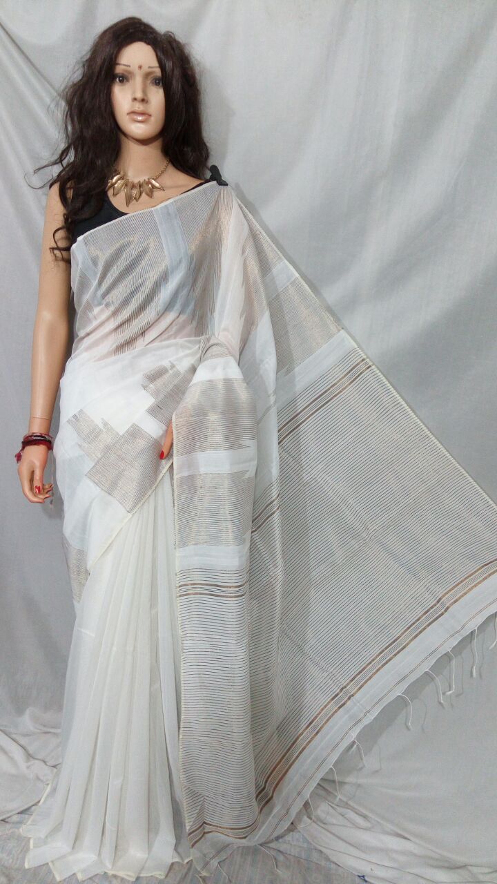 White Pure Cotton Silk Sarees - Dailybuyys