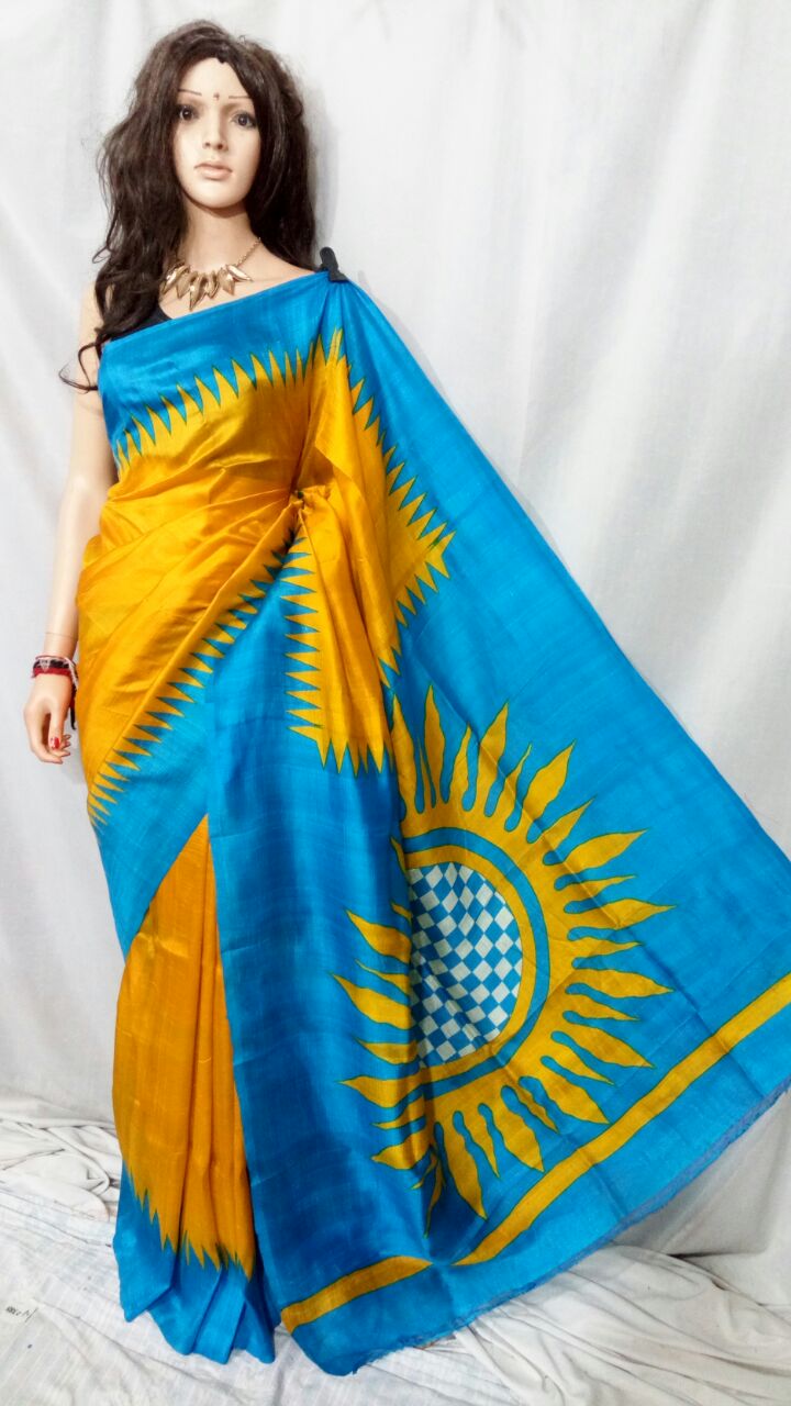 Yellow Blue Pure Silk Mark Certified Murshidabad Silk Sarees - Dailybuyys