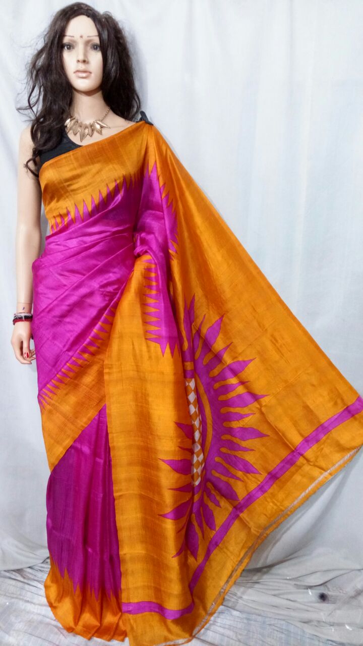 Pink Yellow Block Printed Pure Silk Mark Certified Murshidabad Silk Sarees - Dailybuyys