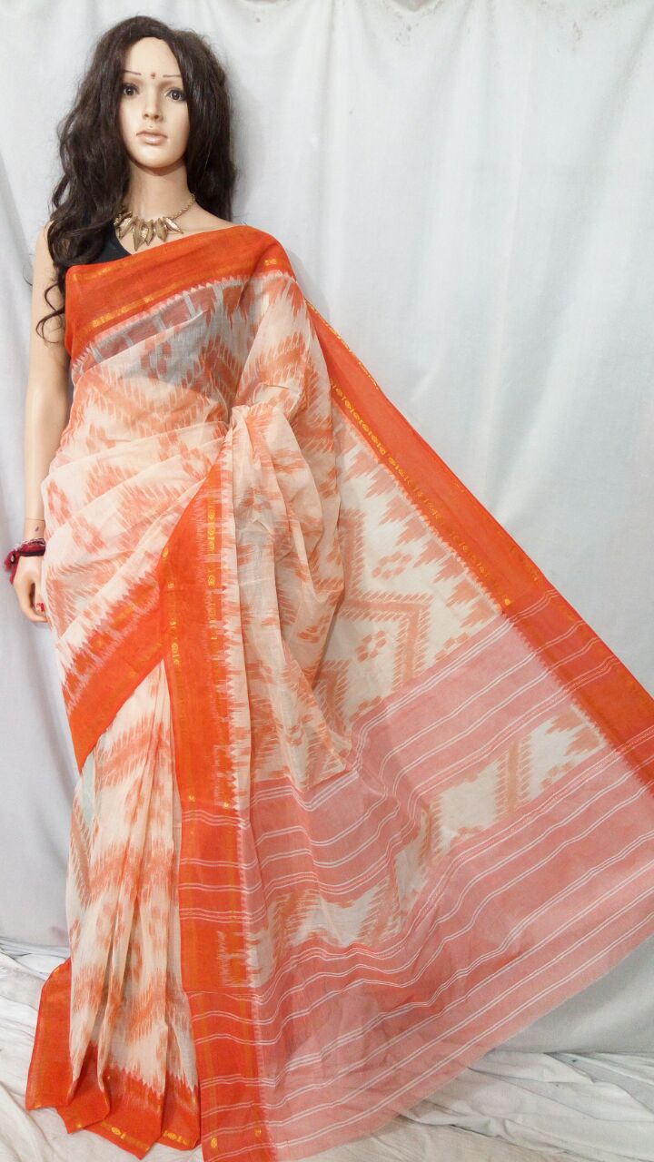 White Orange Dhanekhali Tant Sarees - Dailybuyys