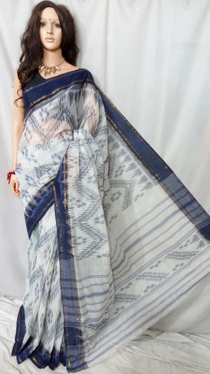 White Blue Dhanekhali Tant Sarees - Dailybuyys