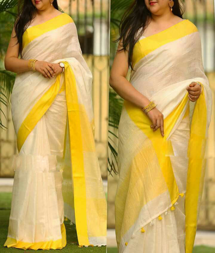 Yellow Cream Moklin Sarees - Dailybuyys