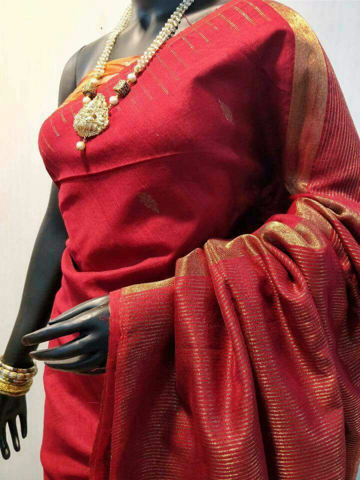Red Zari Booty Pure Cotton Silk Sarees - Dailybuyys