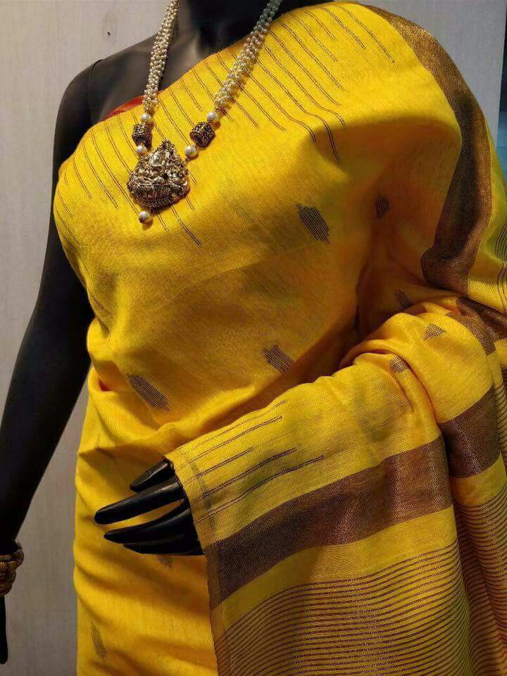 Yellow Zari Booty Pure Cotton Silk Sarees - Dailybuyys