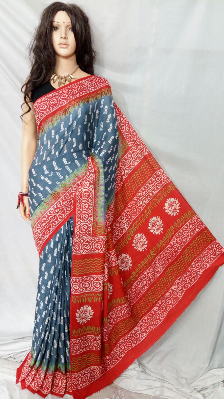 Red Blue Pure Cotton Silk Sarees - Dailybuyys