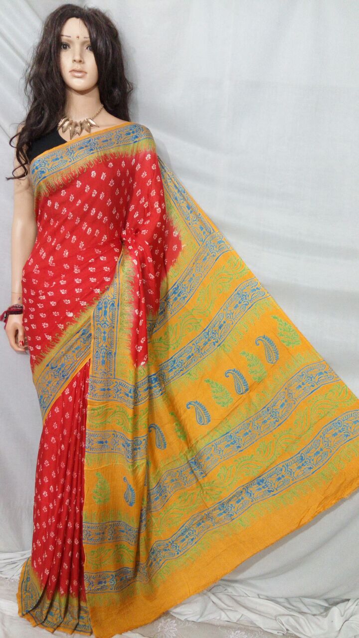 Red Yellow Pure Cotton Silk Sarees - Dailybuyys