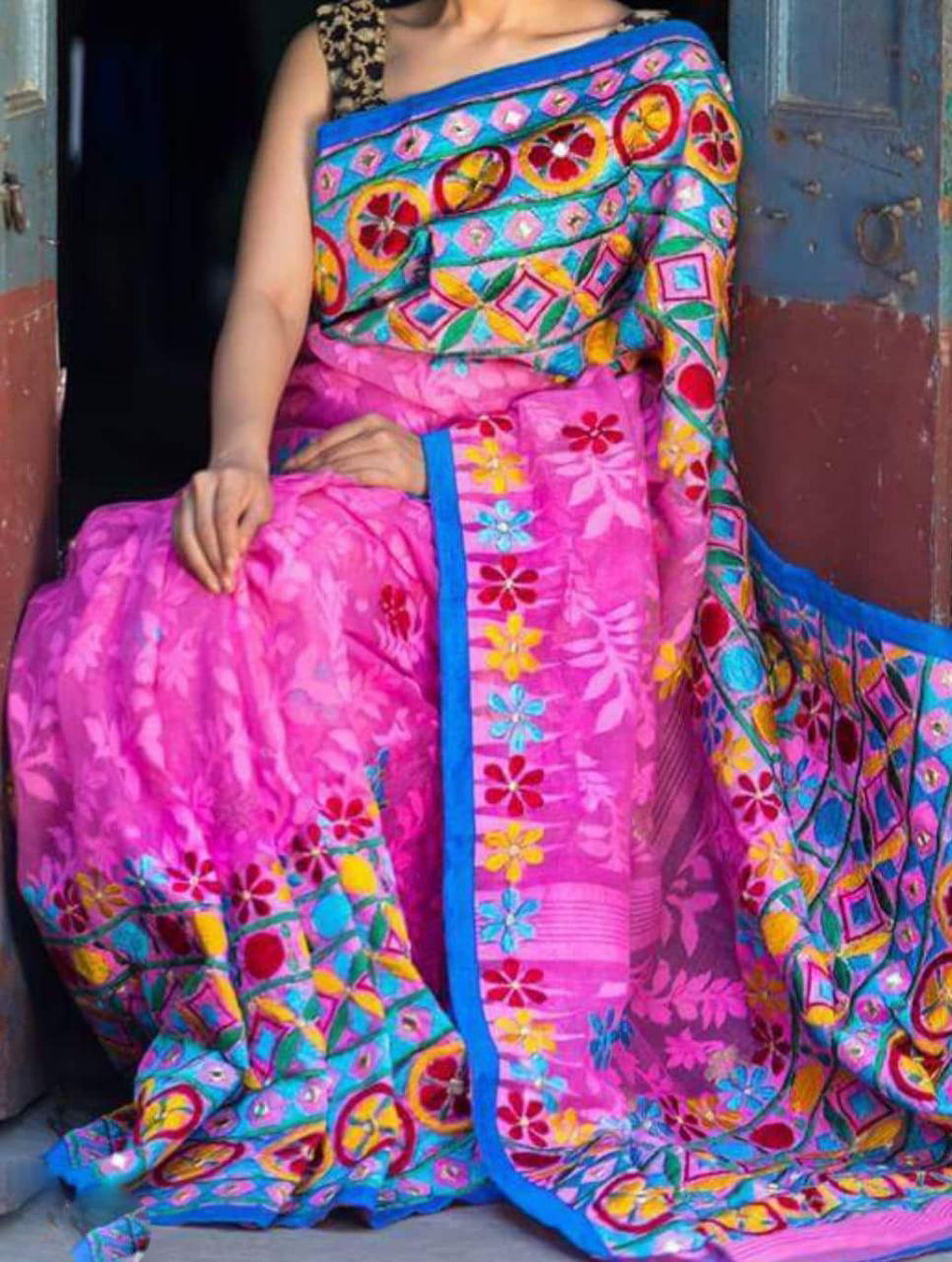 Pink Jamdani Kathiawari Sarees - Dailybuyys