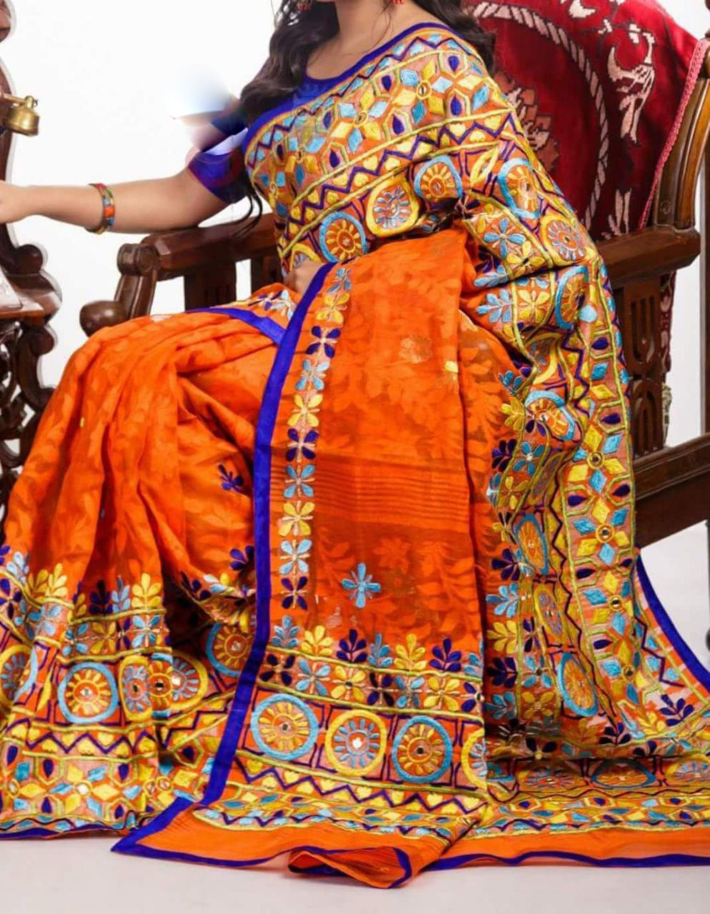 Orange Jamdani Kathiawari Sarees - Dailybuyys