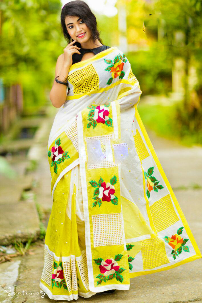 Yellow Jamdani Kathiawari Sarees - Dailybuyys