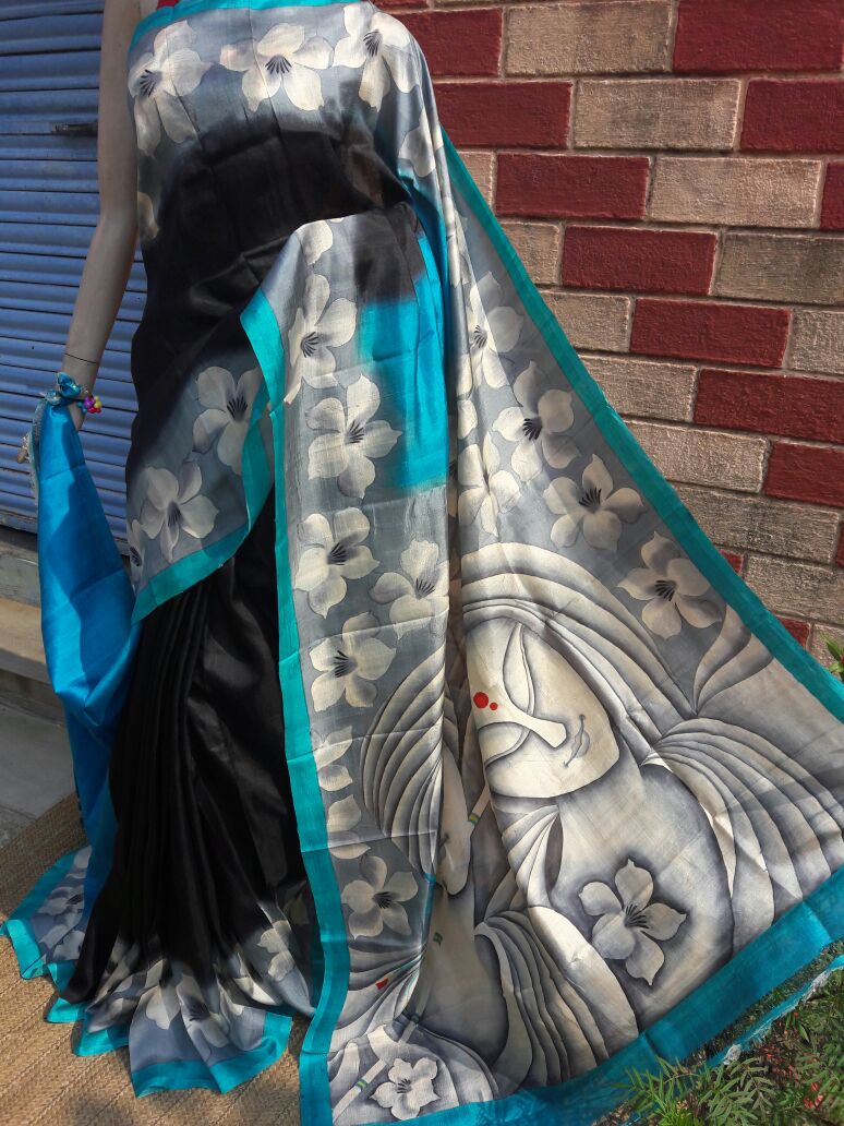 Black Blue Pure Silk Mark Certified Murshidabad Silk Sarees - Dailybuyys