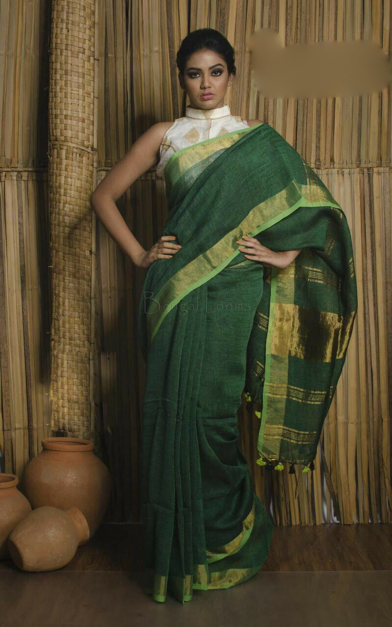 Green Pure Linen Sarees - Dailybuyys