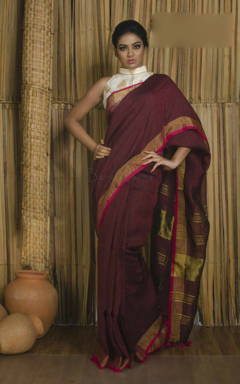 Maroon Pure Linen Sarees - Dailybuyys