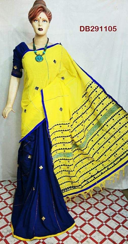 Yellow Blue Mirror Work Khesh Sarees - Dailybuyys