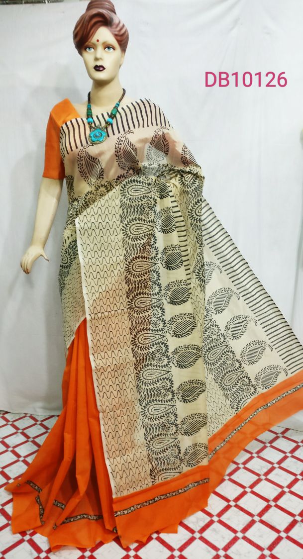 Orange White Chanderi Silk Sarees - Dailybuyys