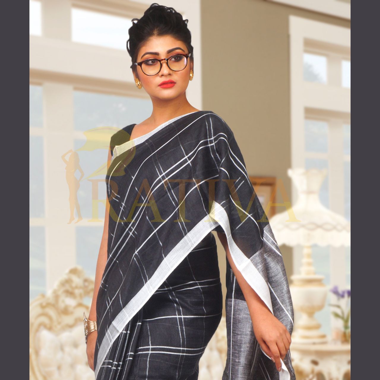 Grey & Black Pure Linen Sarees - Dailybuyys