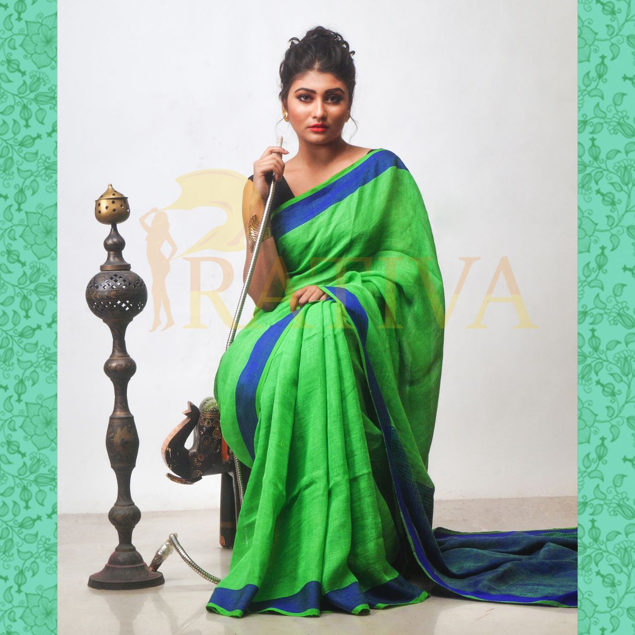 Green & Blue Pure Linen Sarees - Dailybuyys