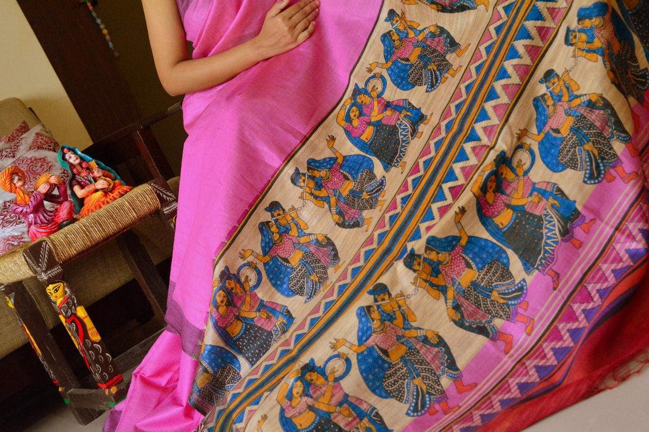 Pink Zari Border Pure Silk Mark Certified Tussar Silk Sarees - Dailybuyys