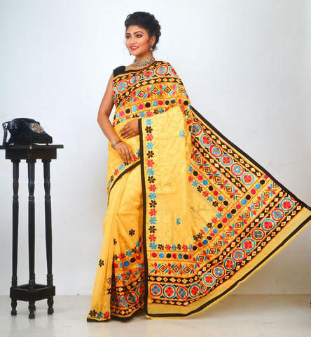 Yellow Jamdani Kathiawari Sarees - Dailybuyys