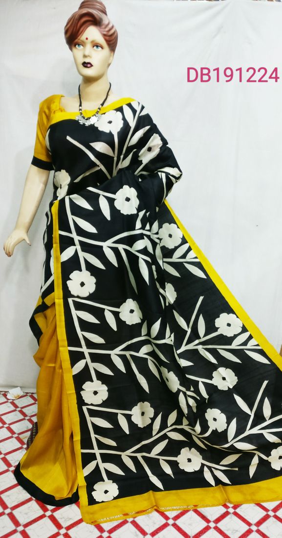 Black Yellow Pure Silk Mark Certified Murshidabad Silk Sarees - Dailybuyys