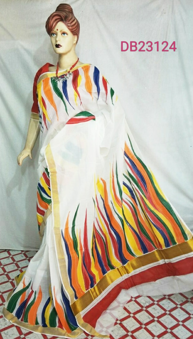 White Kerala Pure Cotton Sarees - Dailybuyys