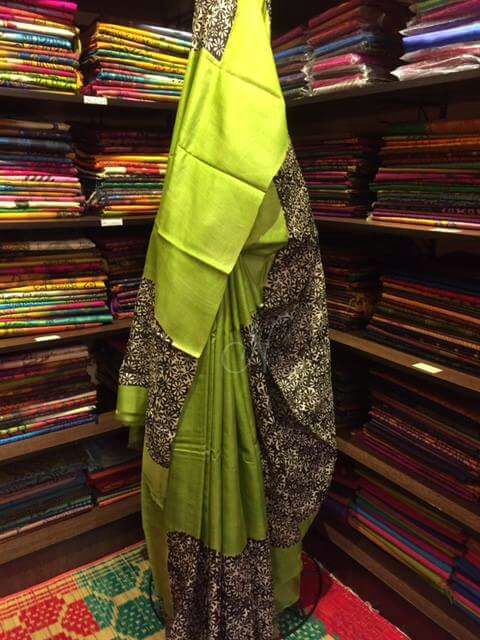 Green Pure Silk Mark Certified Tussar Ghicha Silk Sarees