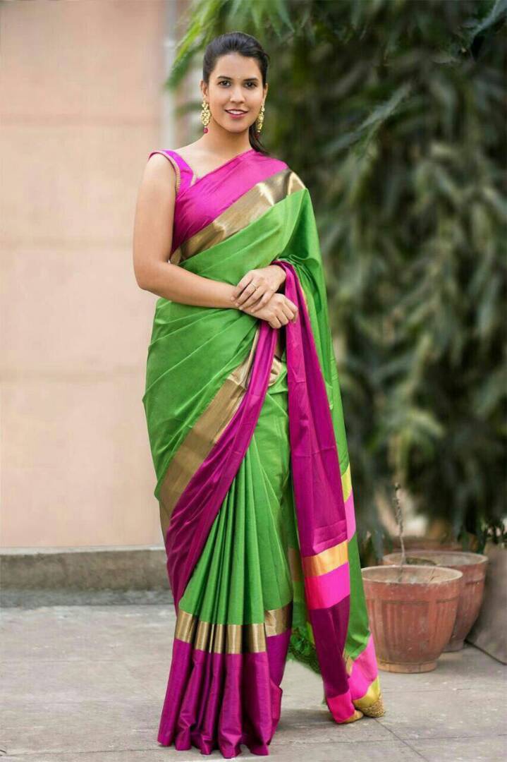Green Pink Pure Cotton Silk Sarees - Dailybuyys
