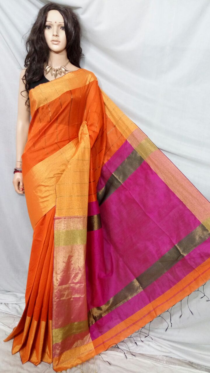 Orange Pure Mahapar Pure Cotton Silk Sarees - Dailybuyys