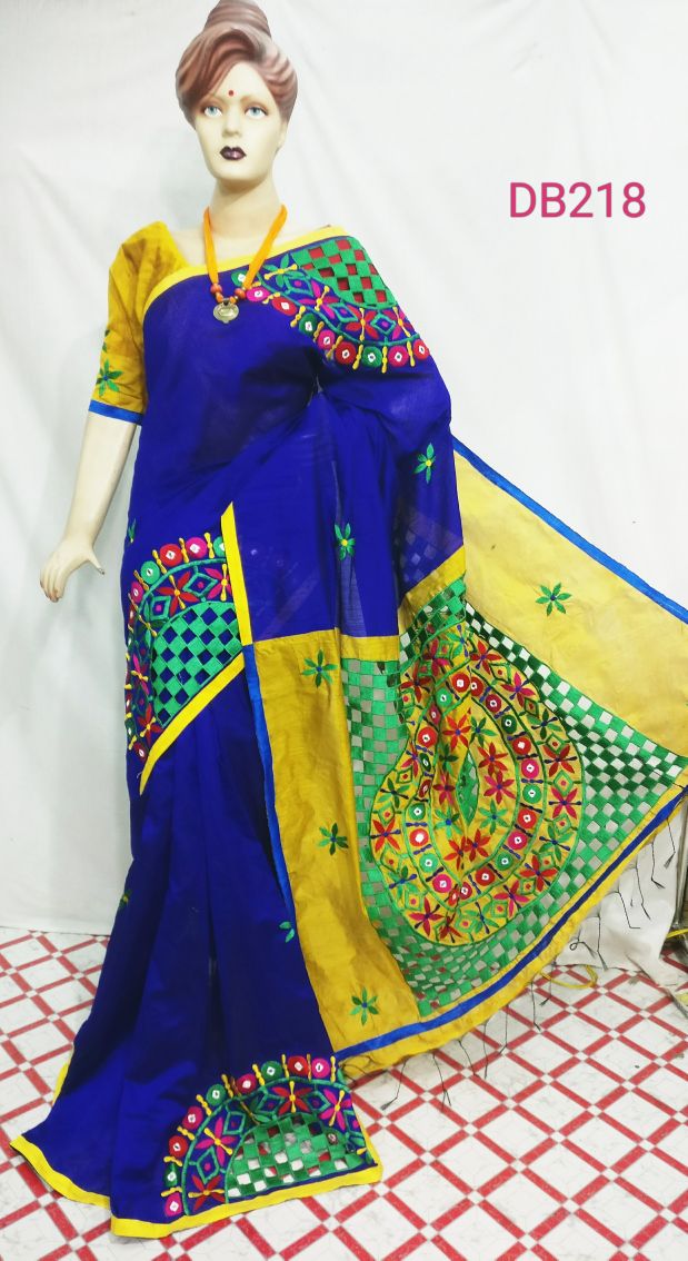 Blue Yellow Kathiawari Sarees - Dailybuyys
