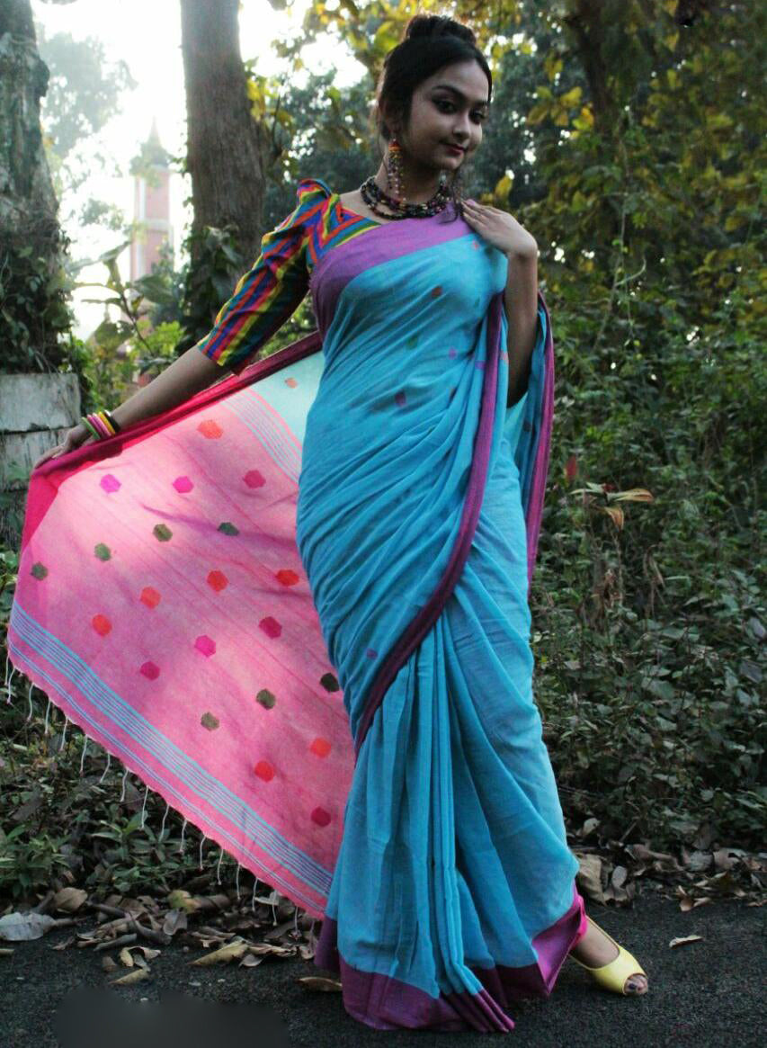 Blue Pure Linen Sarees - Dailybuyys