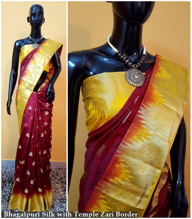 Maroon Yellow Kanjivaram Silk Sarees - Dailybuyys