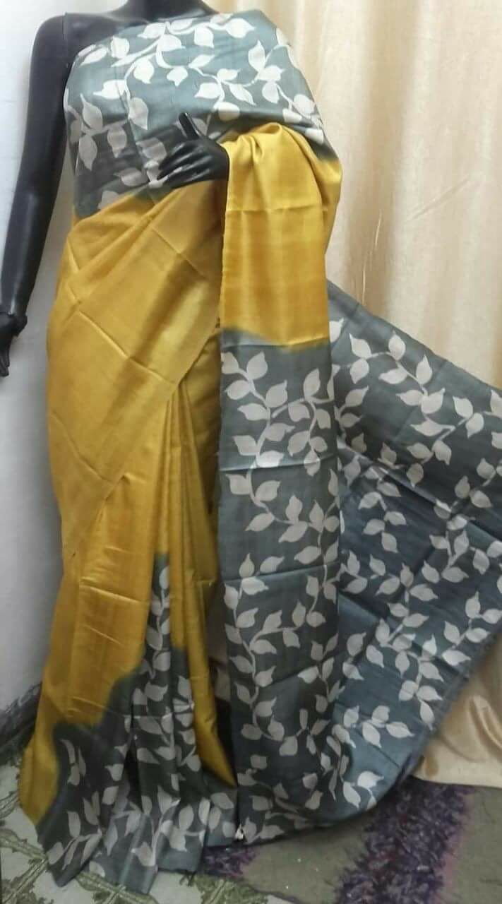 Yellow Grey Wax Batik Hand Painted Silk Mark Certified Murshidabad Silk Sarees - Dailybuyys