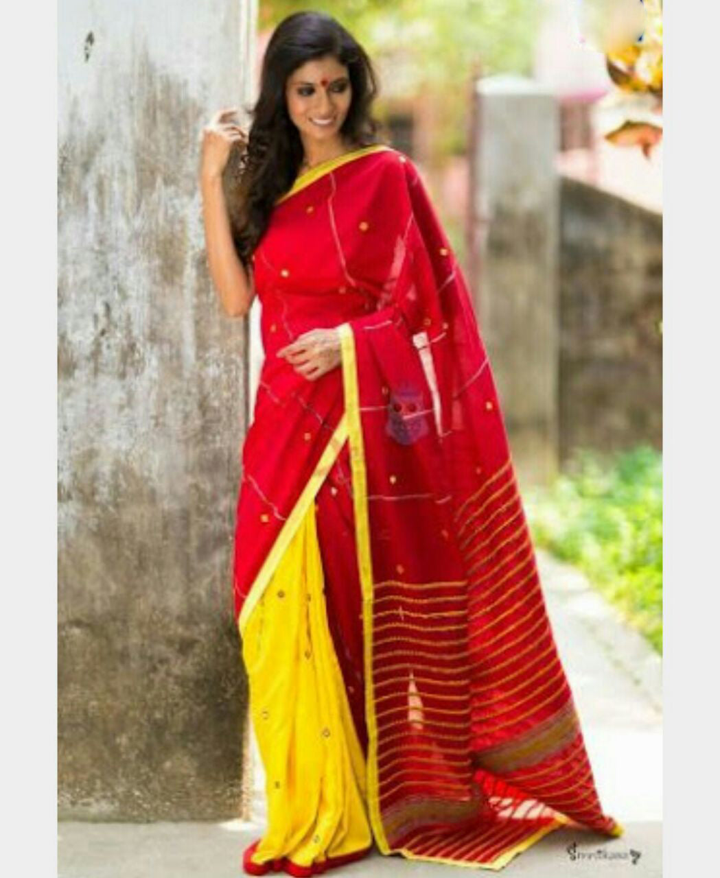 Red Yellow Mirror Work Khesh Sarees - Dailybuyys