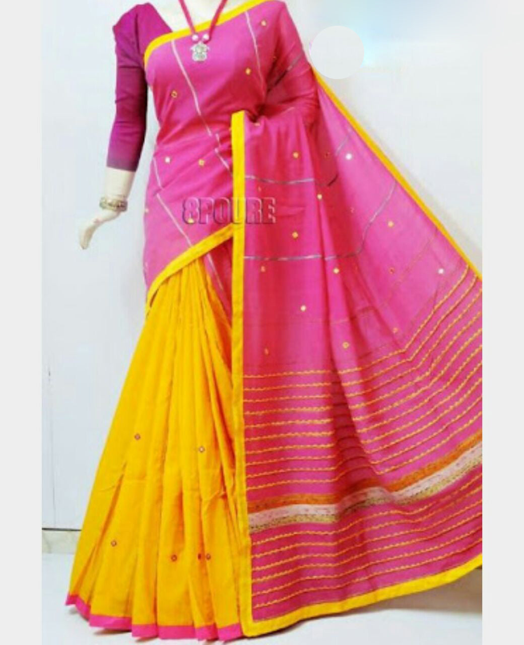 Pink Yellow Mirror Work Khesh Sarees - Dailybuyys